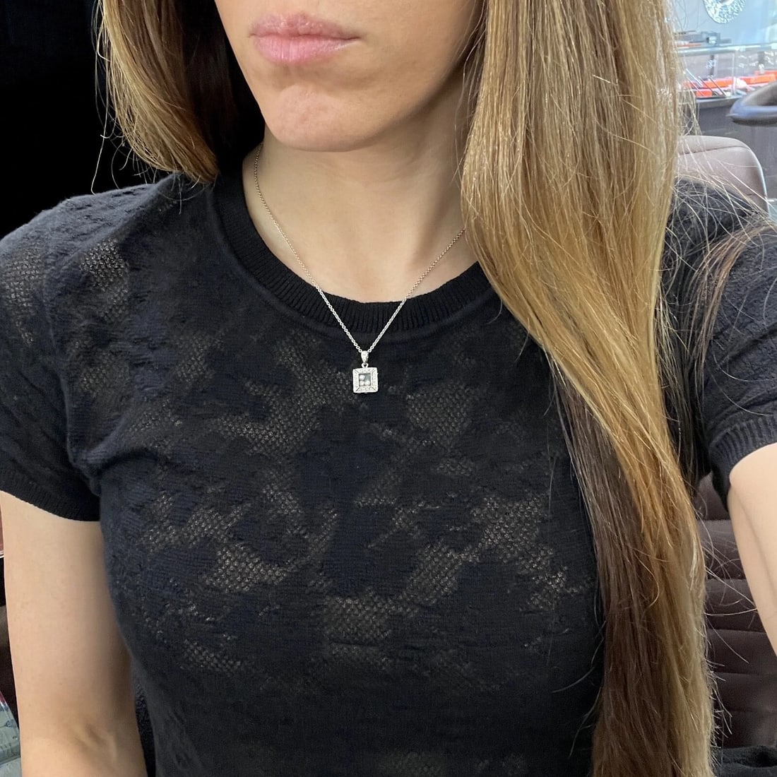Estate Floating Diamond Square Necklace Pendant Charm 14K White Gold, 2.89 Grams - 5