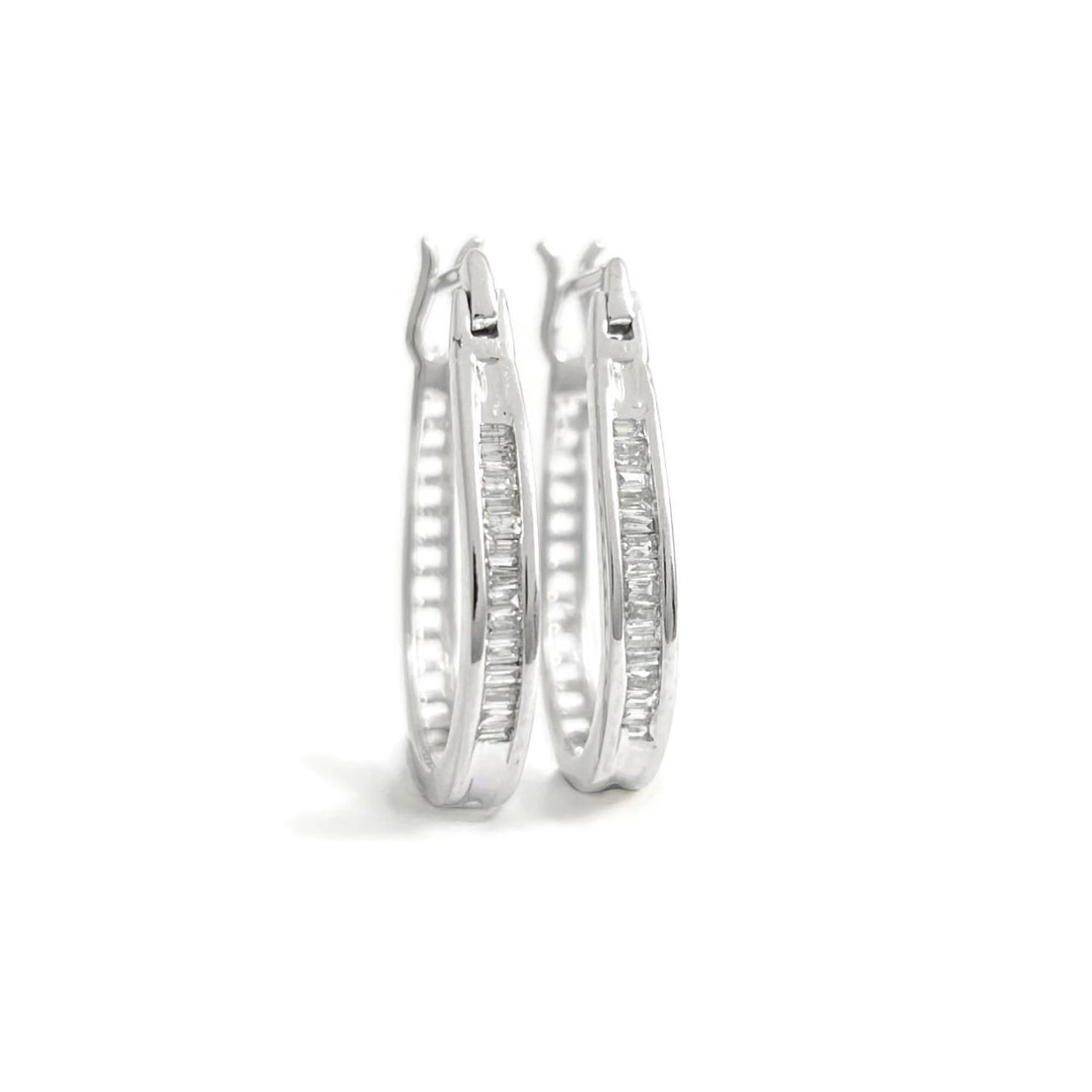 Baguette Diamond Channel-Set Oblong Hoop Earrings 14K White Gold, 3.13 Grams - 2