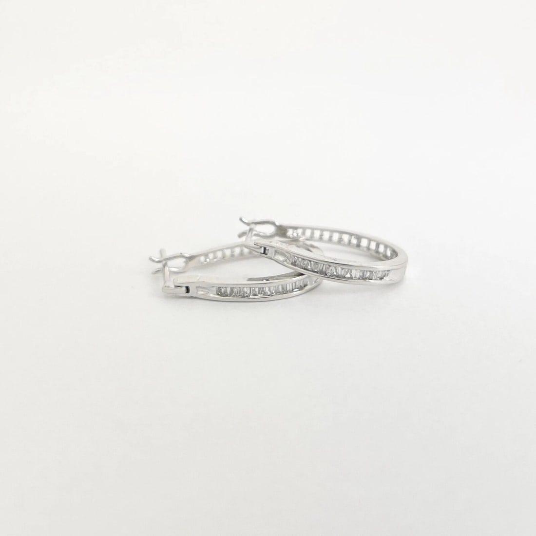 Baguette Diamond Channel-Set Oblong Hoop Earrings 14K White Gold, 3.13 Grams - 6