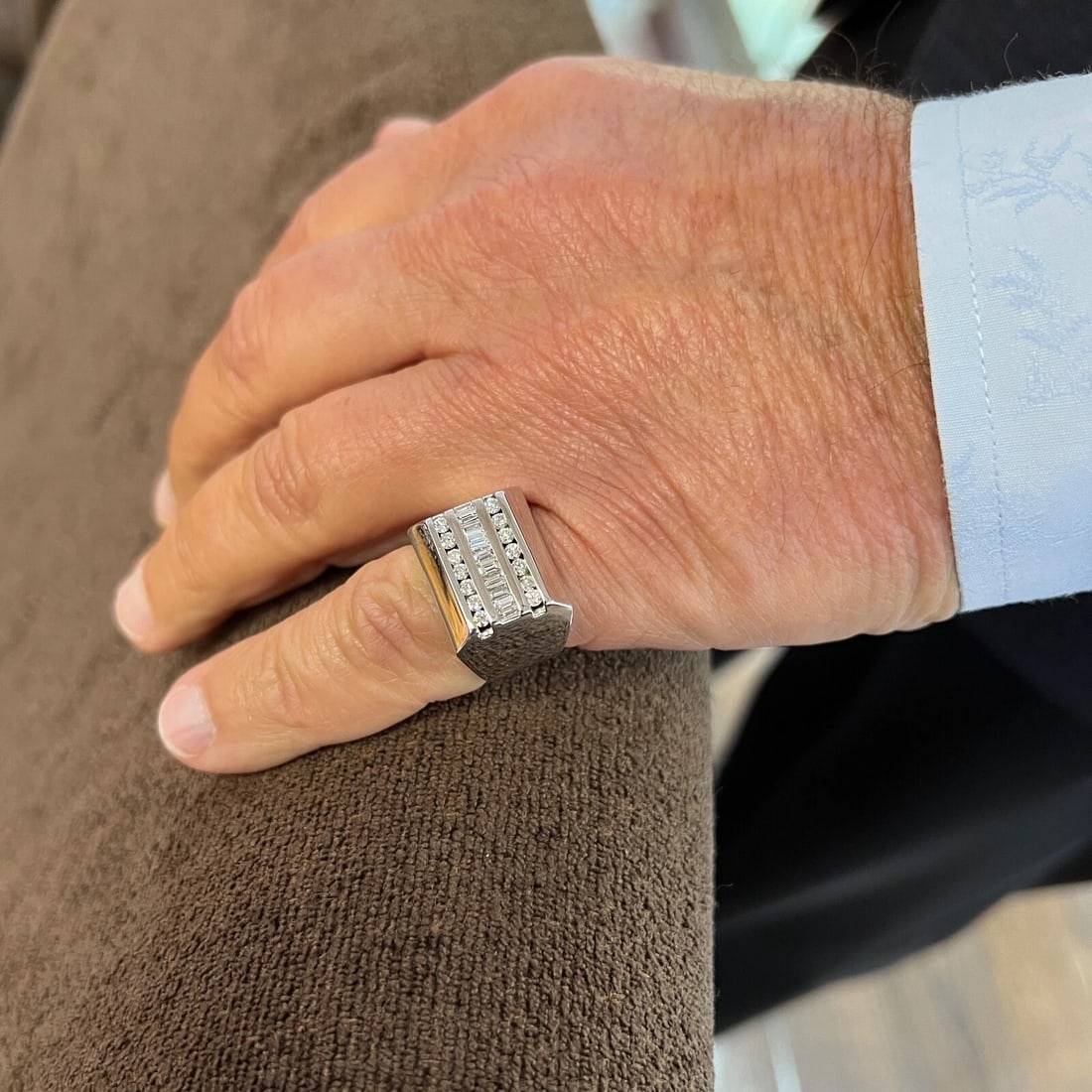 Men's Flat Top Baguette Round Diamond Channel-Set Ring 18K White Gold, 16.75 Gr - 3