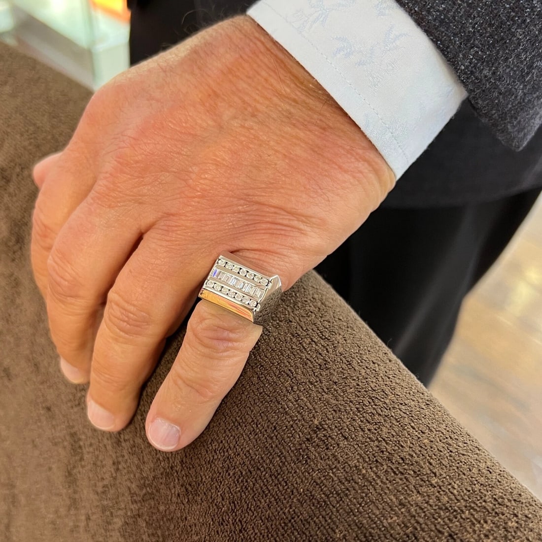 Men's Flat Top Baguette Round Diamond Channel-Set Ring 18K White Gold, 16.75 Gr - 4