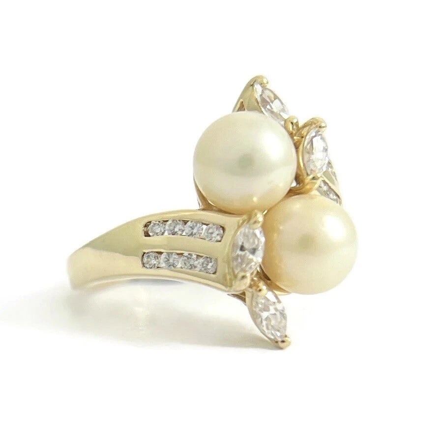 Pearl CZ Cubic Zirconia Cluster Cocktail Ring 14K Yellow Gold, 4.71 Grams - 2
