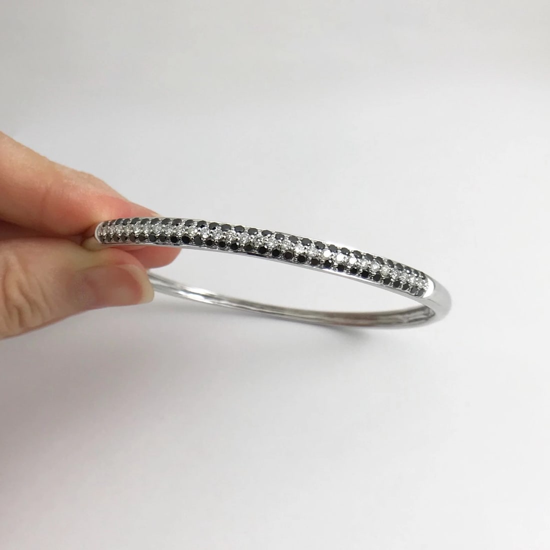 Pave Black White Diamond Bangle Bracelet 14K White Gold, 1.75 CTW, 14.07 Grams - 3