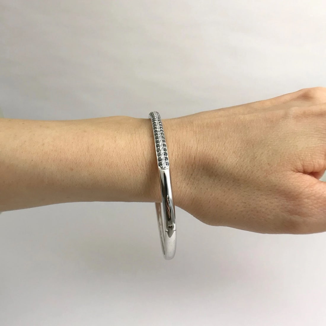 Pave Black White Diamond Bangle Bracelet 14K White Gold, 1.75 CTW, 14.07 Grams - 5