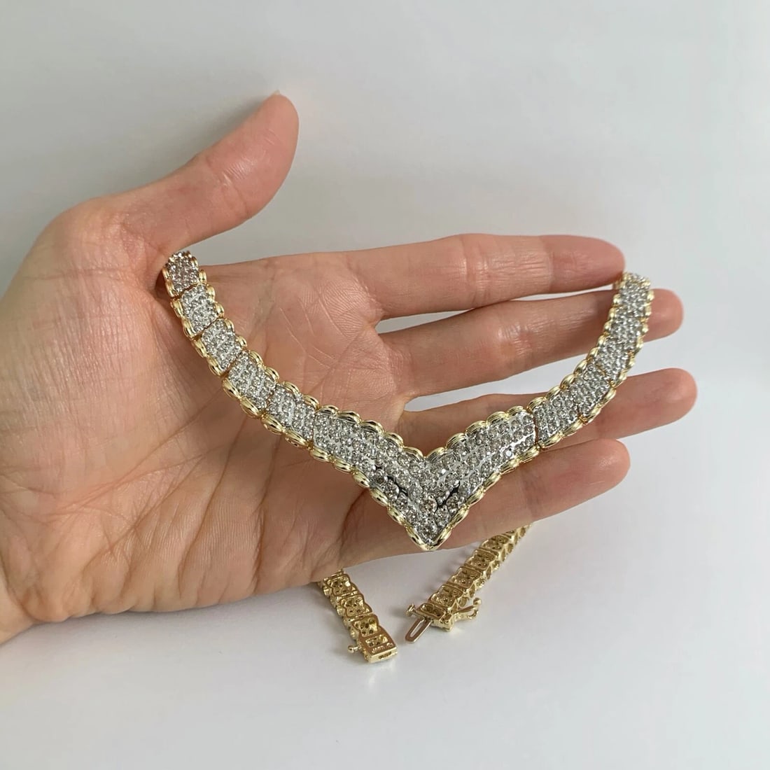 Pave Diamond Two-Tone Chevron Necklace 14K Yellow White Gold 4.10 CTW 37.71 Gram - 3