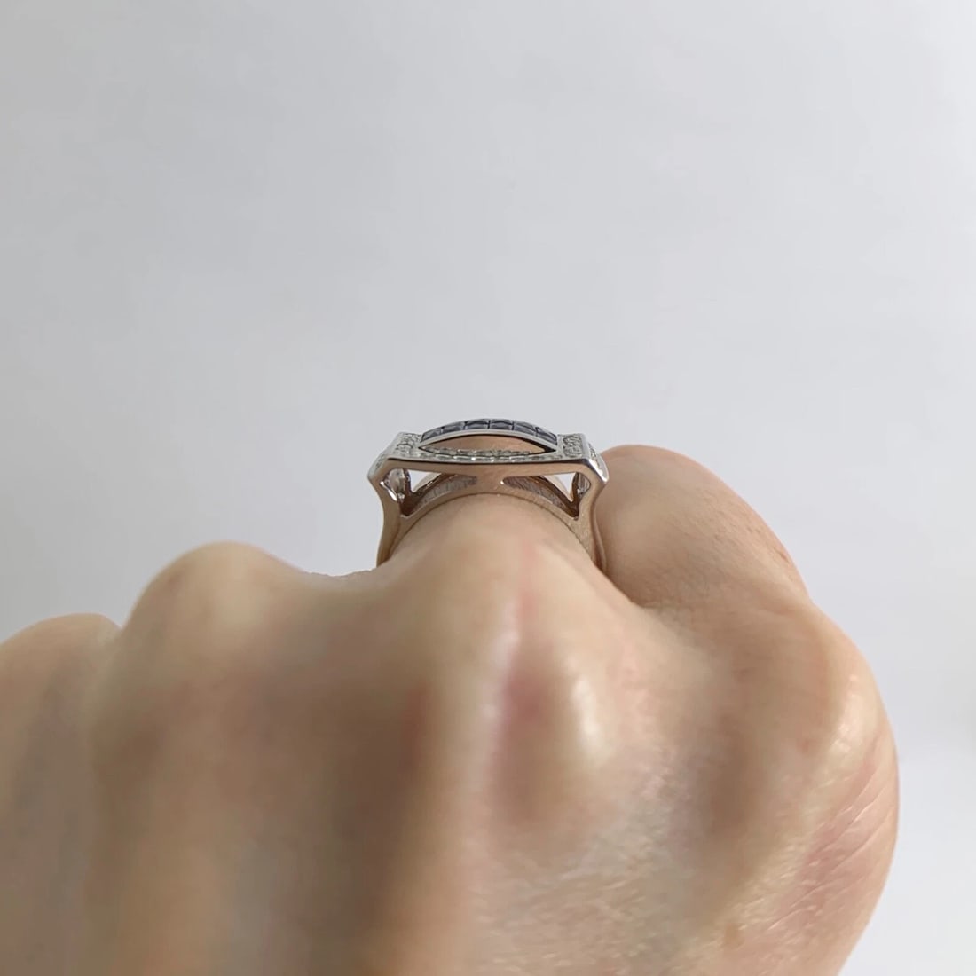 Princess Blue Sapphire Diamond Flat Top Statement Ring 14K White Gold, 5.61 Gram - 6