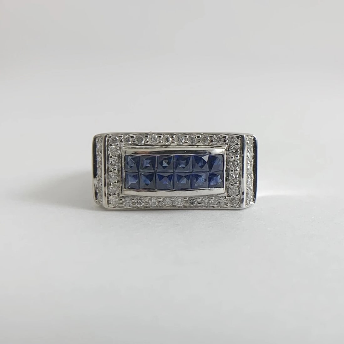 Princess Blue Sapphire Diamond Flat Top Statement Ring 14K White Gold, 5.61 Gram - 7