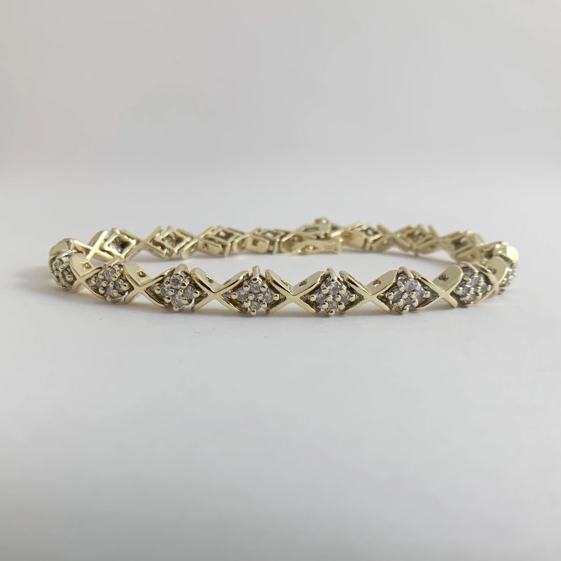Estate Diamond Cluster X-Link Tennis Bracelet 14K Yellow Gold 1.08 CTW 17.89 Gr - 7