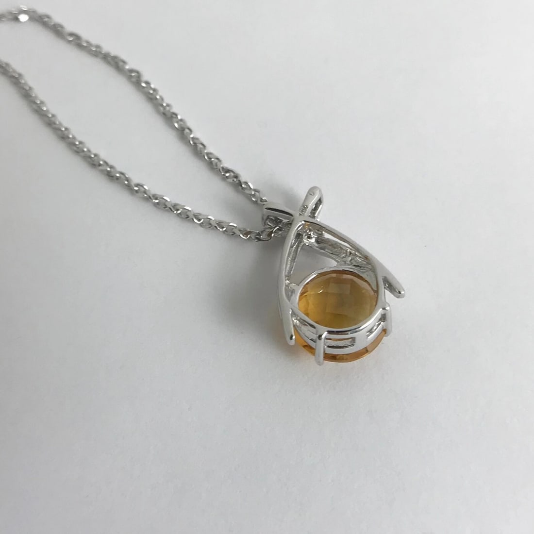 Italian Round Orange Citrine Diamond Pendant Necklace 14K White Gold, 6.39 Grams - 10