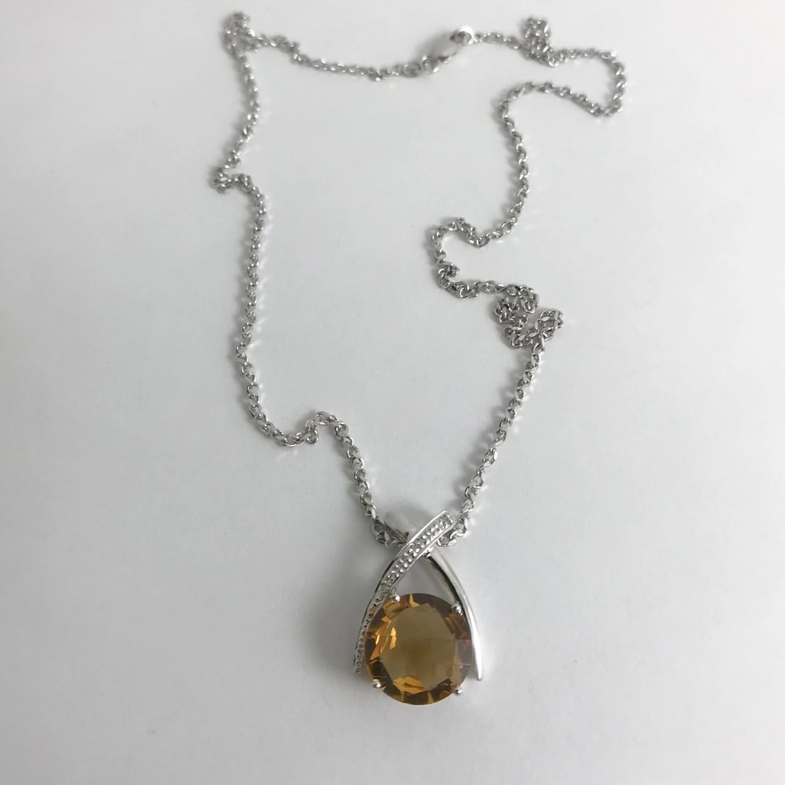 Italian Round Orange Citrine Diamond Pendant Necklace 14K White Gold, 6.39 Grams - 8