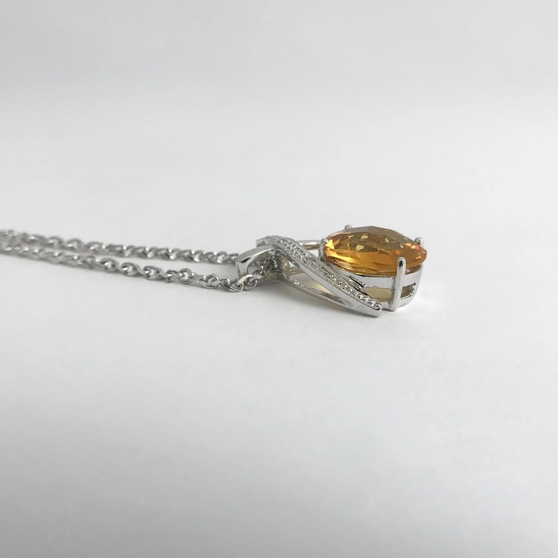 Italian Round Orange Citrine Diamond Pendant Necklace 14K White Gold, 6.39 Grams - 9