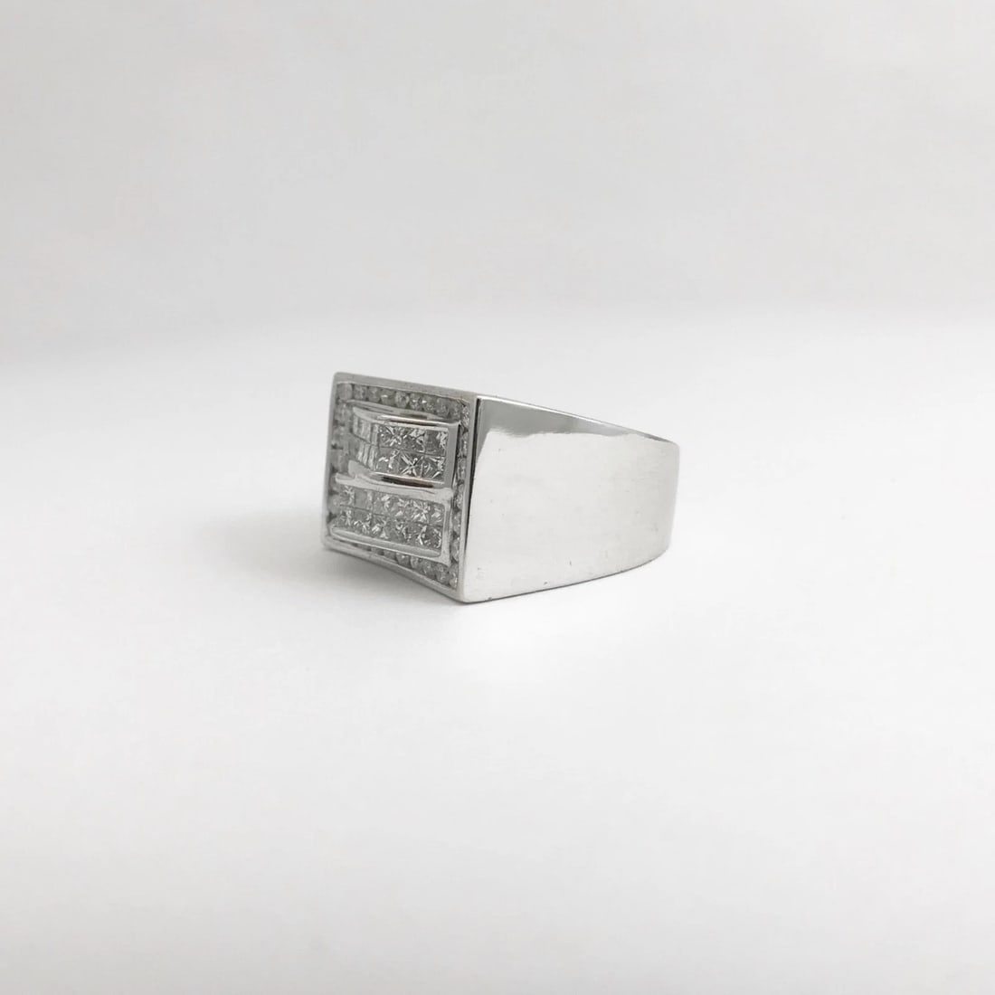 Men's Princess Diamond Invisible Set Ramp Ring 14K White Gold, 2.25 CTW, 14.93 G - 12