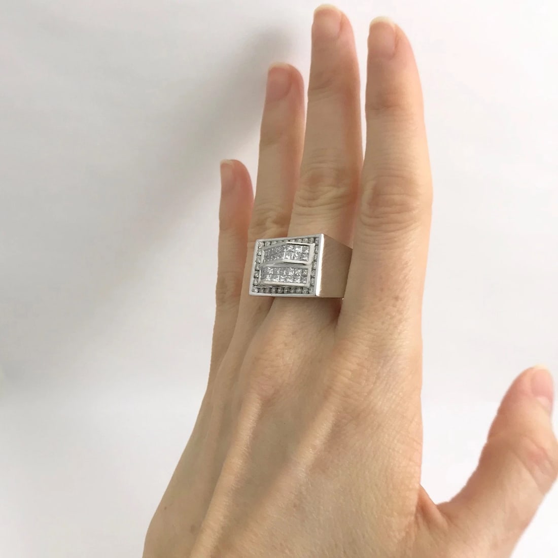 Men's Princess Diamond Invisible Set Ramp Ring 14K White Gold, 2.25 CTW, 14.93 G - 4