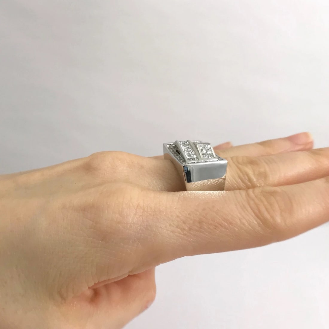 Men's Princess Diamond Invisible Set Ramp Ring 14K White Gold, 2.25 CTW, 14.93 G - 6