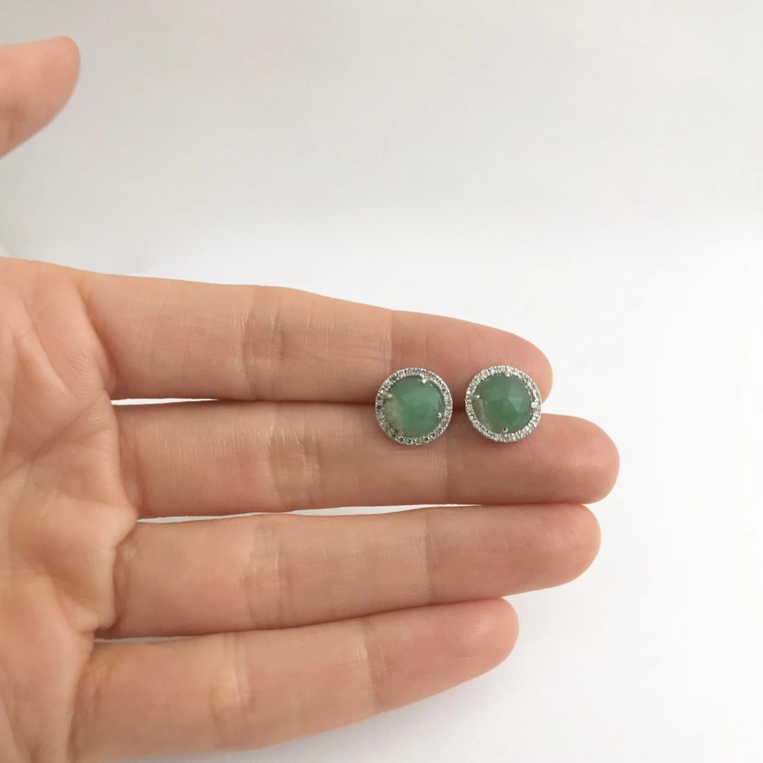 Estate Jade Diamond Halo Stud Earrings 14K White Gold, 3.14 CTW, 2.29 Grams - 3