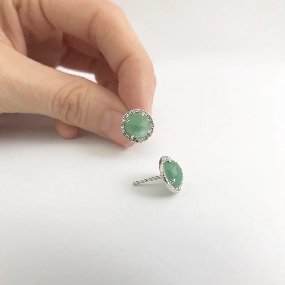 Estate Jade Diamond Halo Stud Earrings 14K White Gold, 3.14 CTW, 2.29 Grams - 5