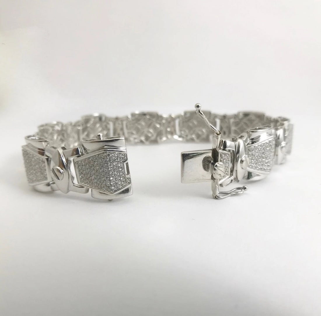 Wide Geometric Pave Diamond Bracelet 18K White Gold, 2 CTW, 8.5 Inches, 43.23 Gr - 12