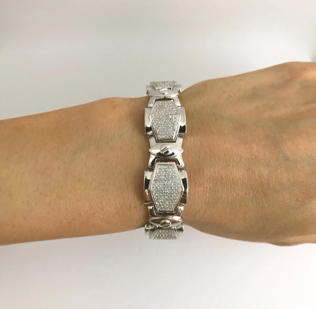 Wide Geometric Pave Diamond Bracelet 18K White Gold, 2 CTW, 8.5 Inches, 43.23 Gr - 3
