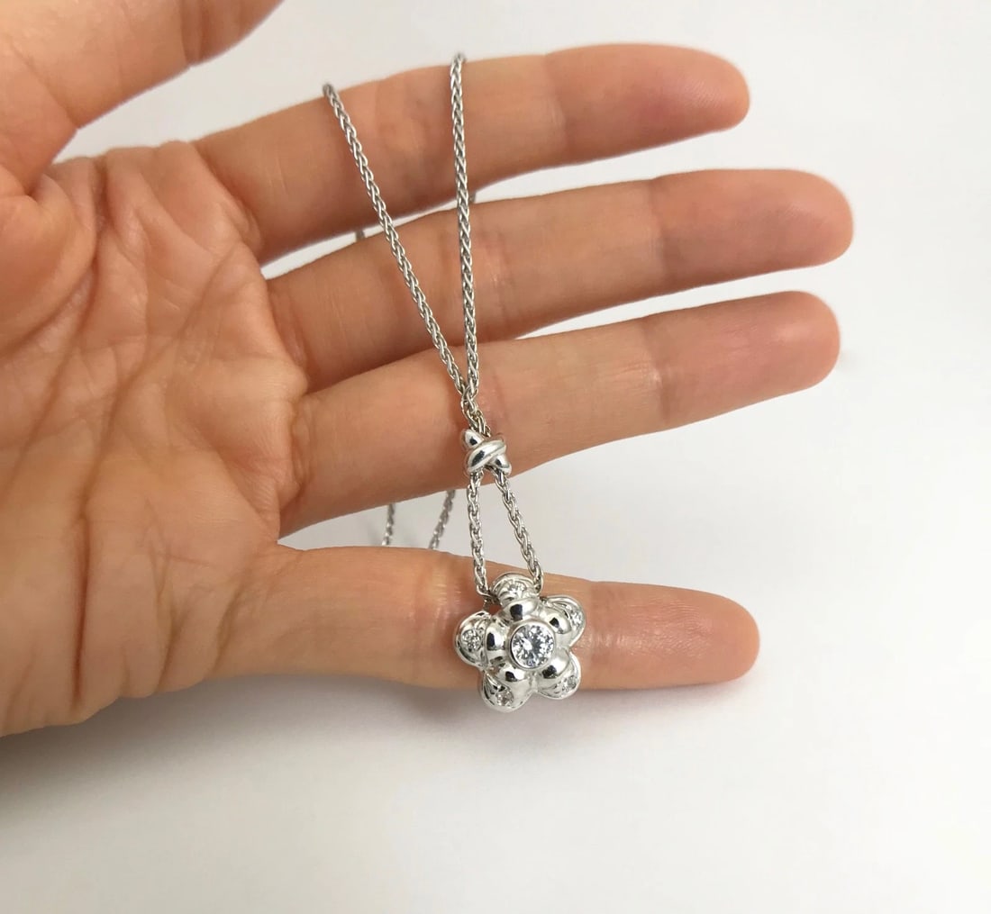 Italian Flower CZ Cubic Zirconia Pendant Necklace 14K White Gold 7.89 Gr - 4
