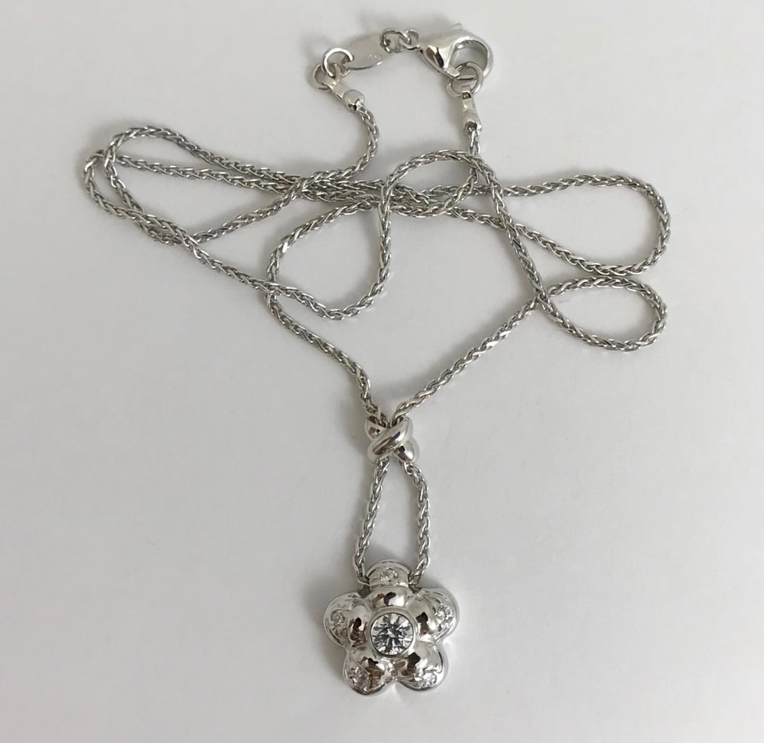 Italian Flower CZ Cubic Zirconia Pendant Necklace 14K White Gold 7.89 Gr - 7