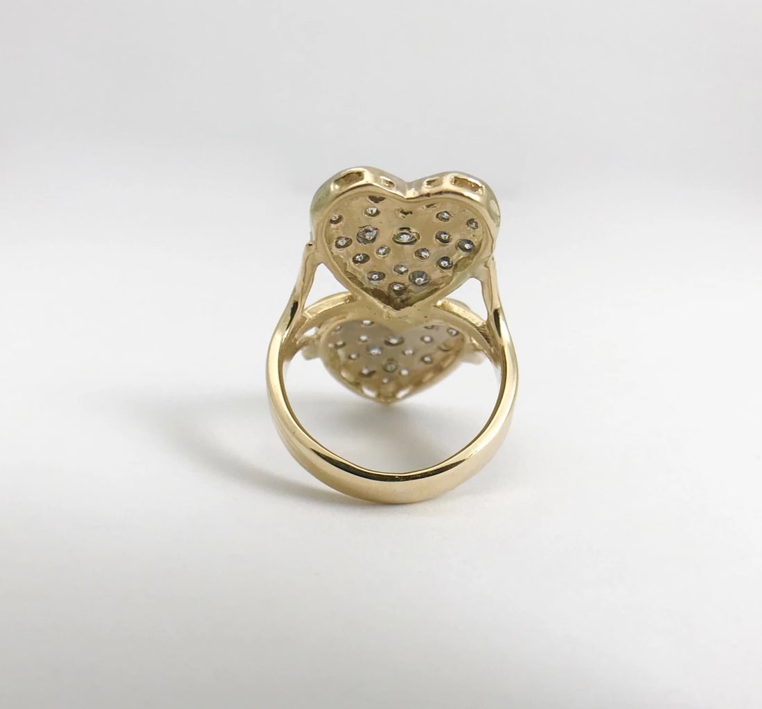Two-Tone Double Heart Diamond Long Cocktail Ring 14K Yellow White Gold, 6.27 Gr - 10