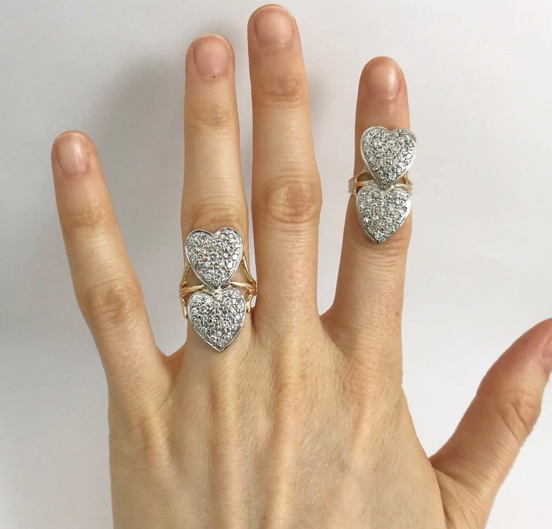 Two-Tone Double Heart Diamond Long Cocktail Ring 14K Yellow White Gold, 6.27 Gr - 5