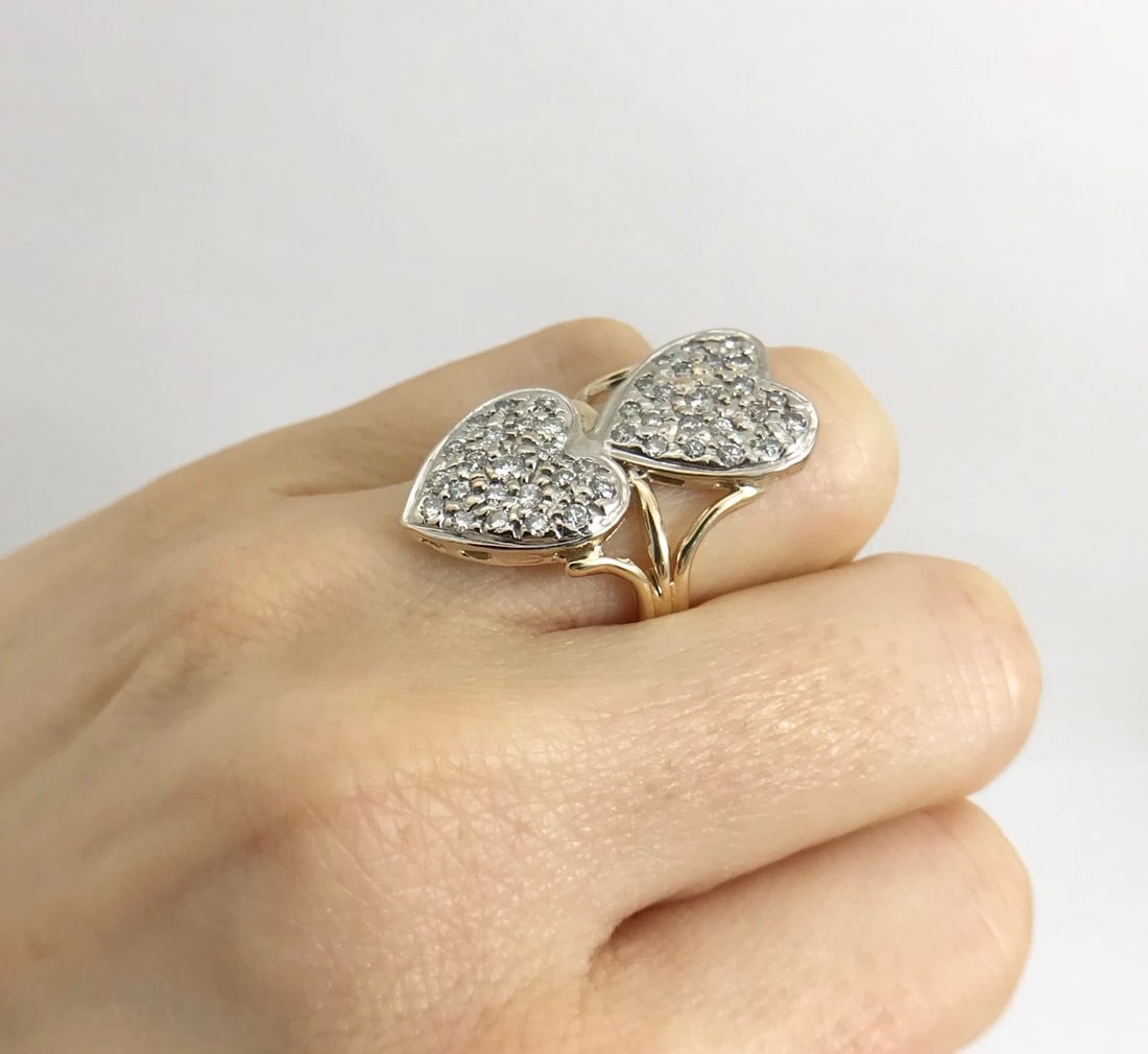 Two-Tone Double Heart Diamond Long Cocktail Ring 14K Yellow White Gold, 6.27 Gr - 7