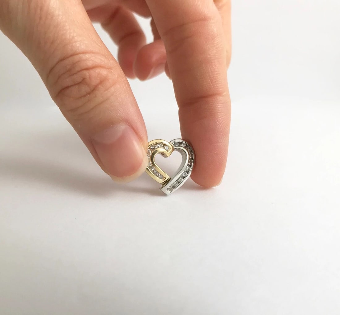 Open Heart Diamond Two-Tone Necklace Pendant 14K Yellow White Gold, 2.61 Grams - 4