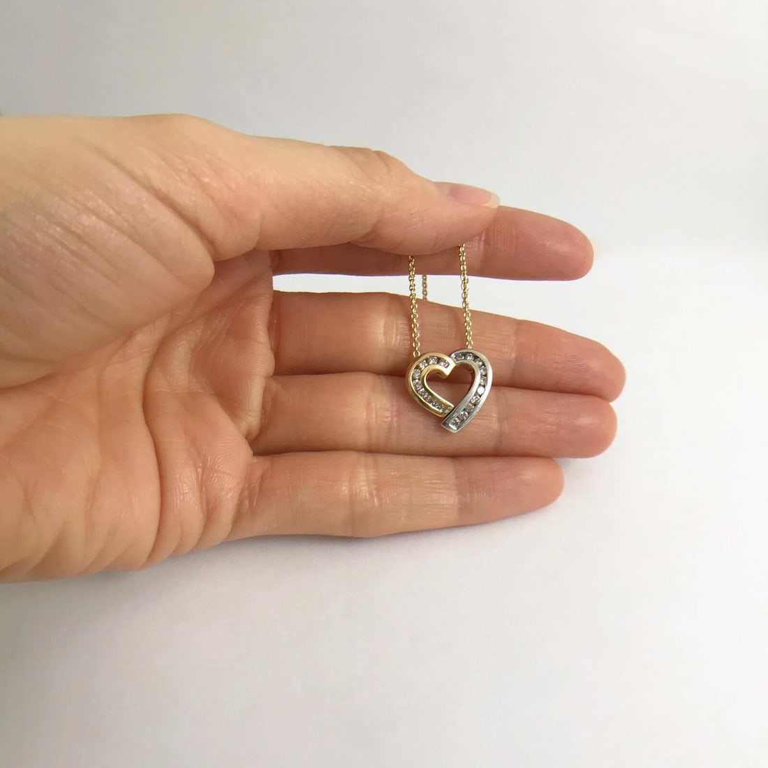 Open Heart Diamond Two-Tone Necklace Pendant 14K Yellow White Gold, 2.61 Grams - 5