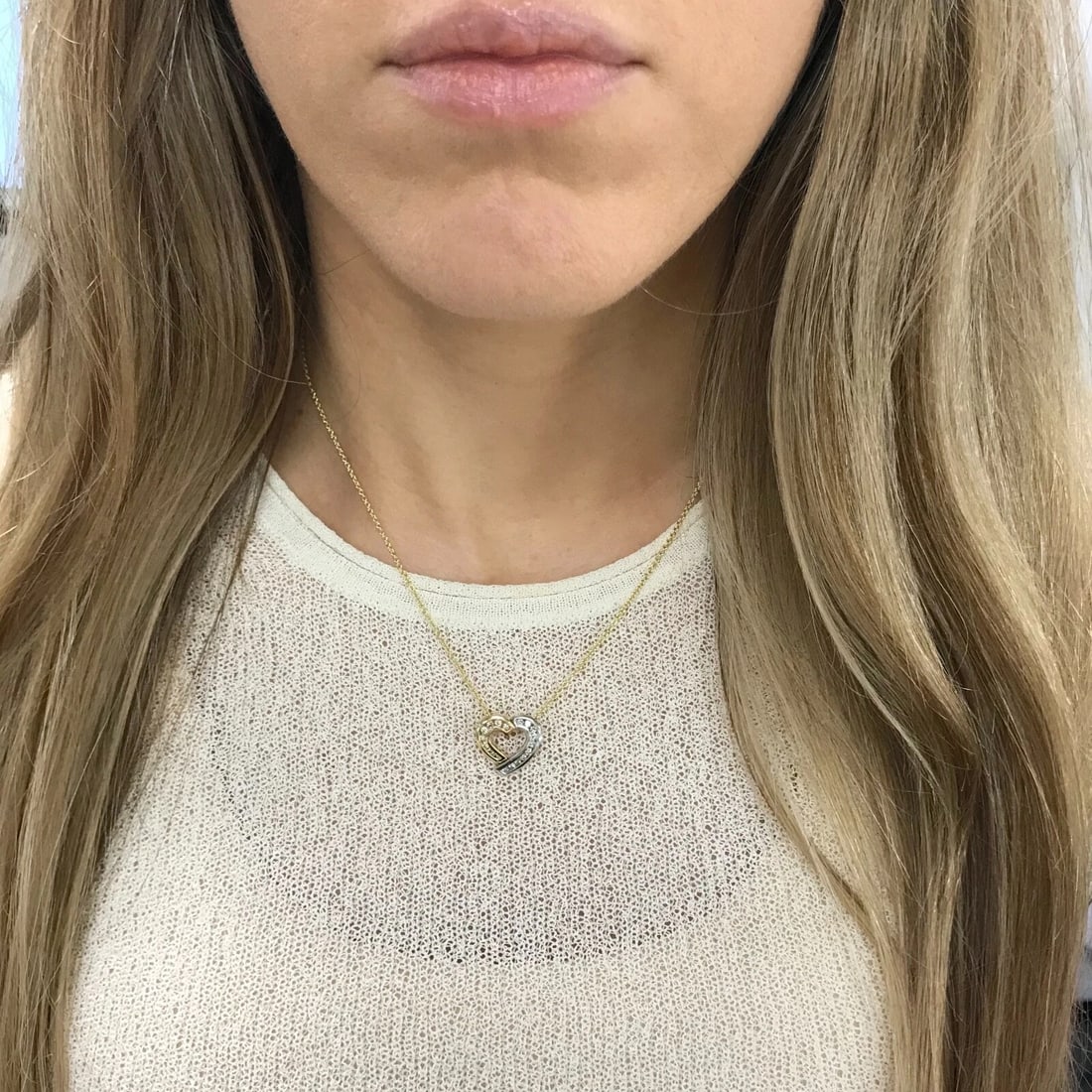 Open Heart Diamond Two-Tone Necklace Pendant 14K Yellow White Gold, 2.61 Grams - 6