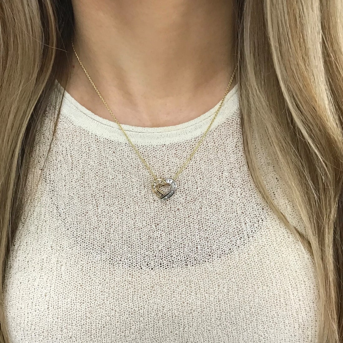 Open Heart Diamond Two-Tone Necklace Pendant 14K Yellow White Gold, 2.61 Grams - 7