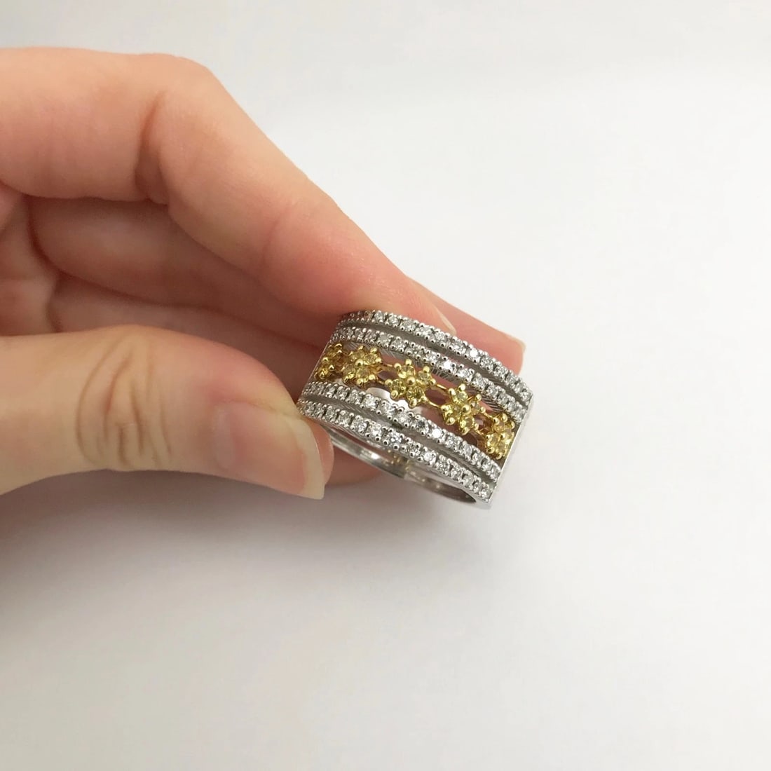 Wide Yellow Sapphire Diamond Flower Ring 14K White Gold, 2.06 CTW, 16.03 Grams - 6