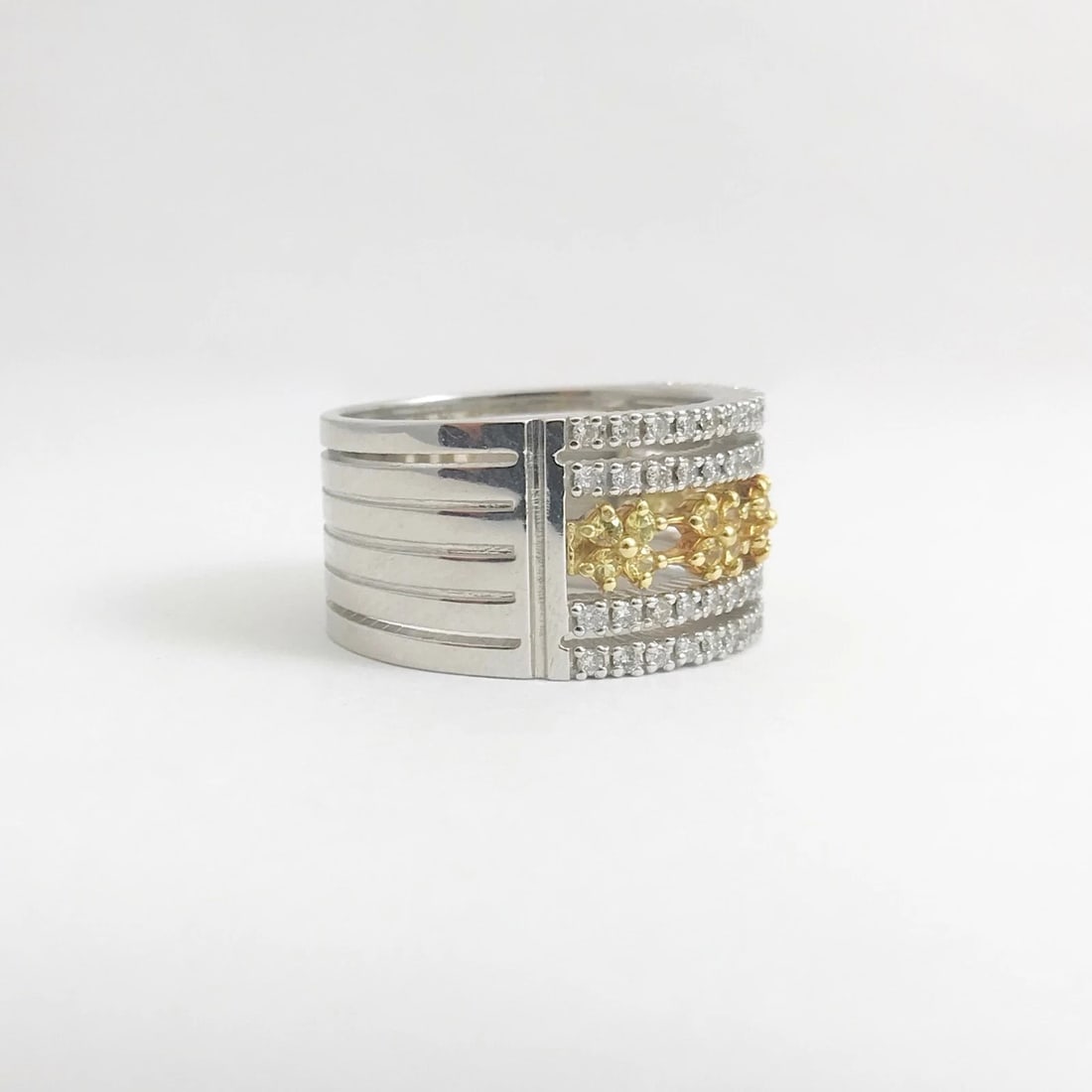 Wide Yellow Sapphire Diamond Flower Ring 14K White Gold, 2.06 CTW, 16.03 Grams - 9