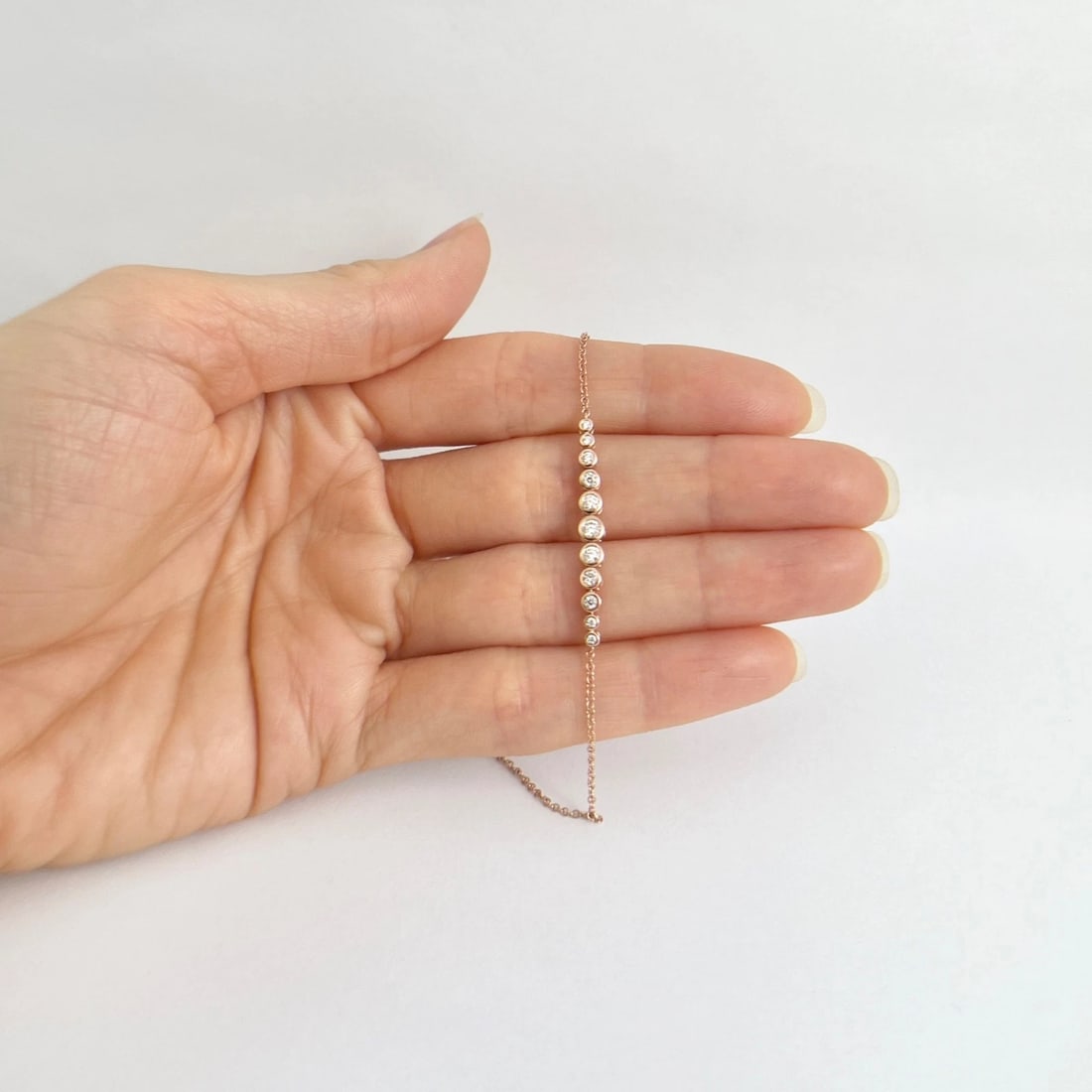 Round Graduated Diamond Bezel Pendant Chain Bracelet 14K Pink Rose Gold, .32 CTW - 4