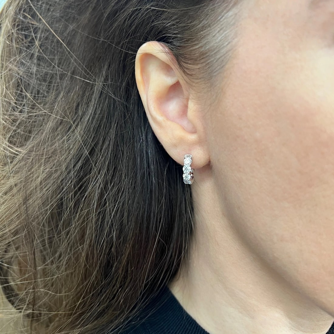 Round Diamond Small Hoop Huggie Earrings 14K White Gold, 1.60 CTW - 3