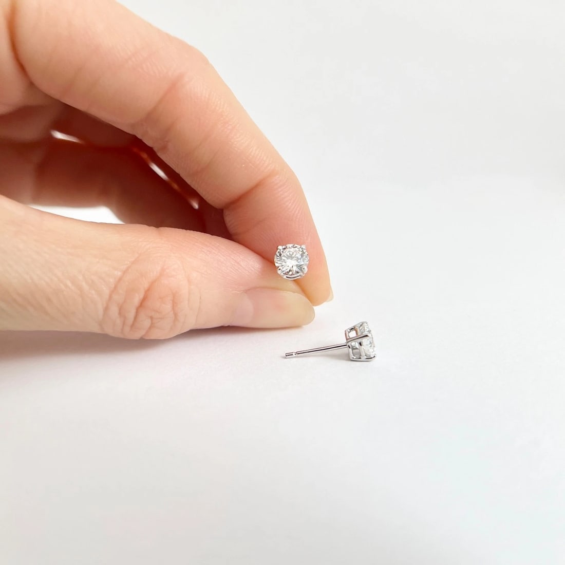 Round Diamond Stud Earrings 14K White Gold 4-Prong Basket, 1.04 CTW - 4