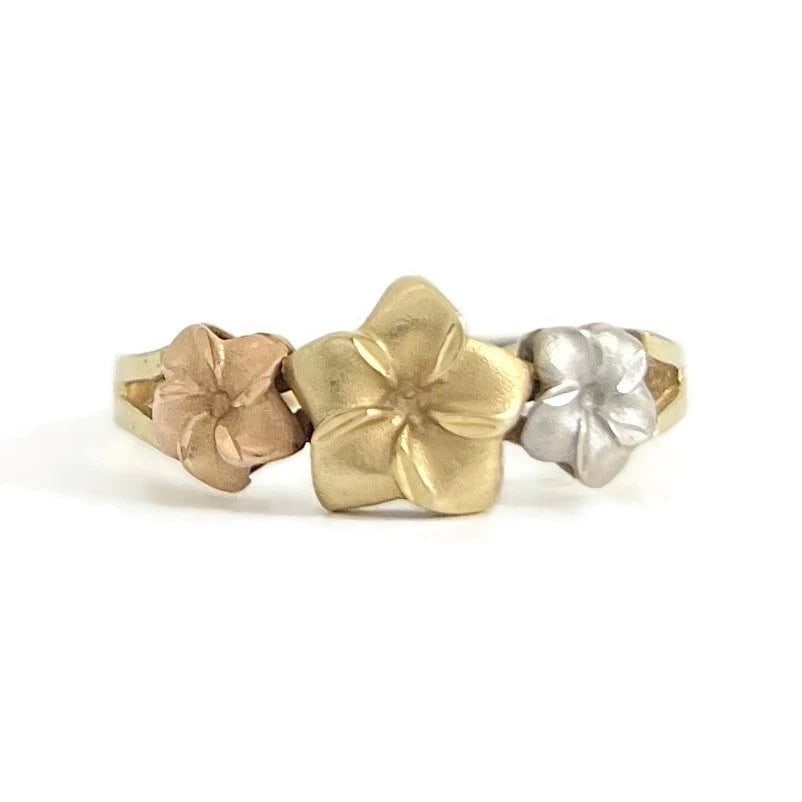 Estate Tri-Color Gold Flower Statement Ring 14K Yellow Gold, 1.95 Grams - 2