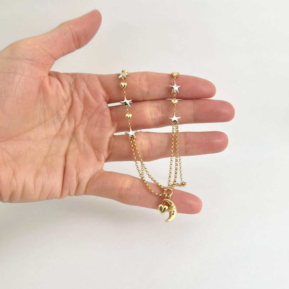 Italian Estate Two-Tone Moon Heart Stars Chain Necklace 14K Yellow Gold, 7.67 Gr - 3
