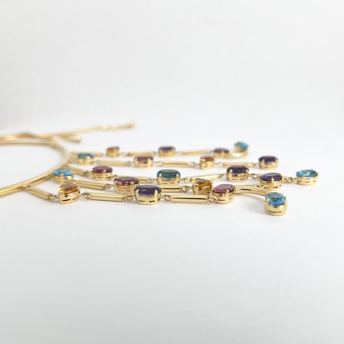 Multicolored Gemstone Dangle Fringe Chain Necklace 18K Yellow Gold 26.07 Grams - 8