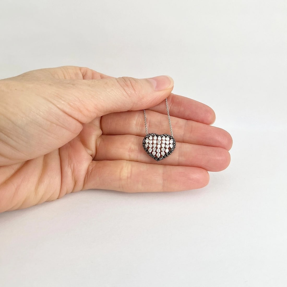Italian Pave Black White Diamond Heart Pendant Necklace 14K White Gold, .71 CTW - 3