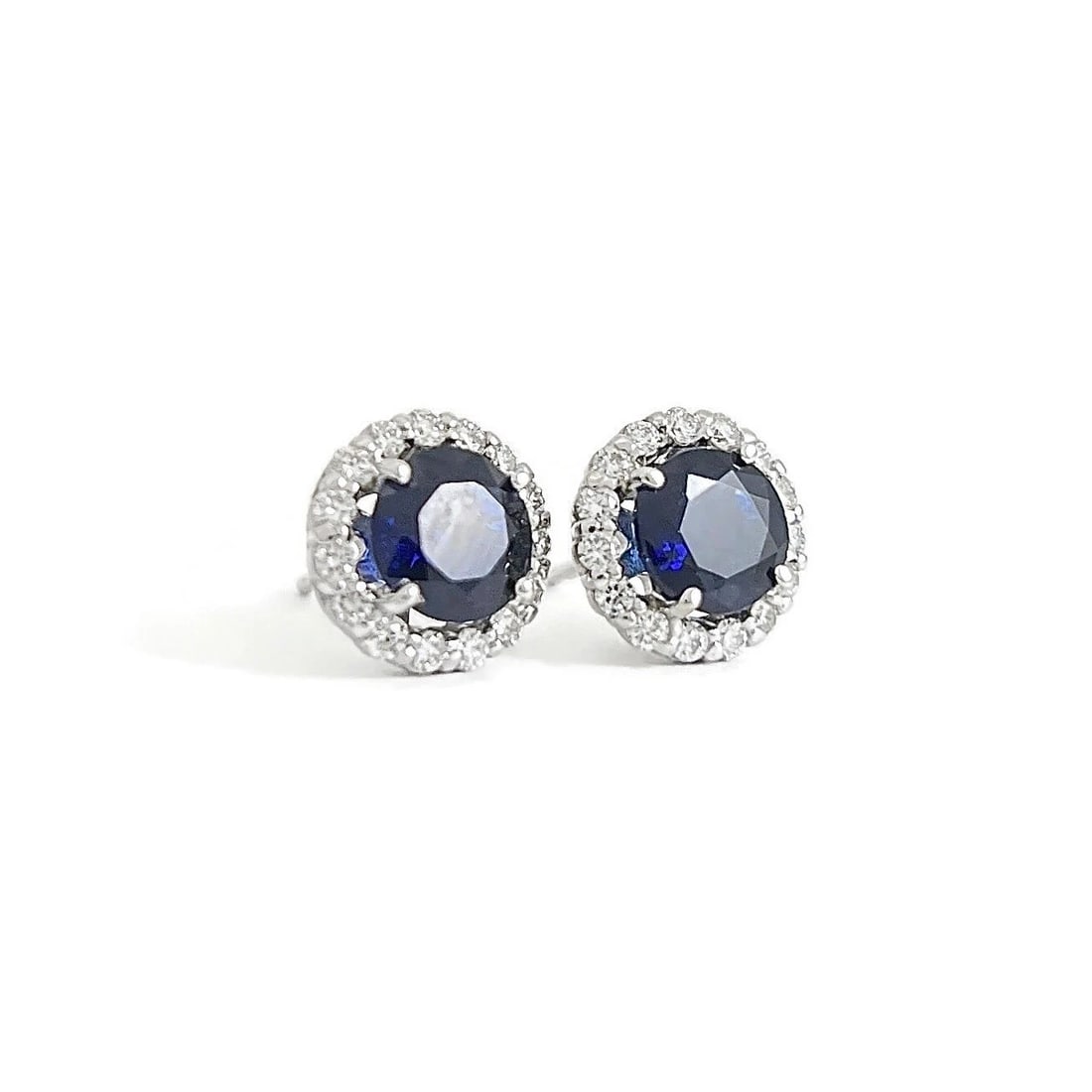 Round Blue Sapphire Diamond Halo Stud Earrings 14K White Gold, 1.97 CTW - 2