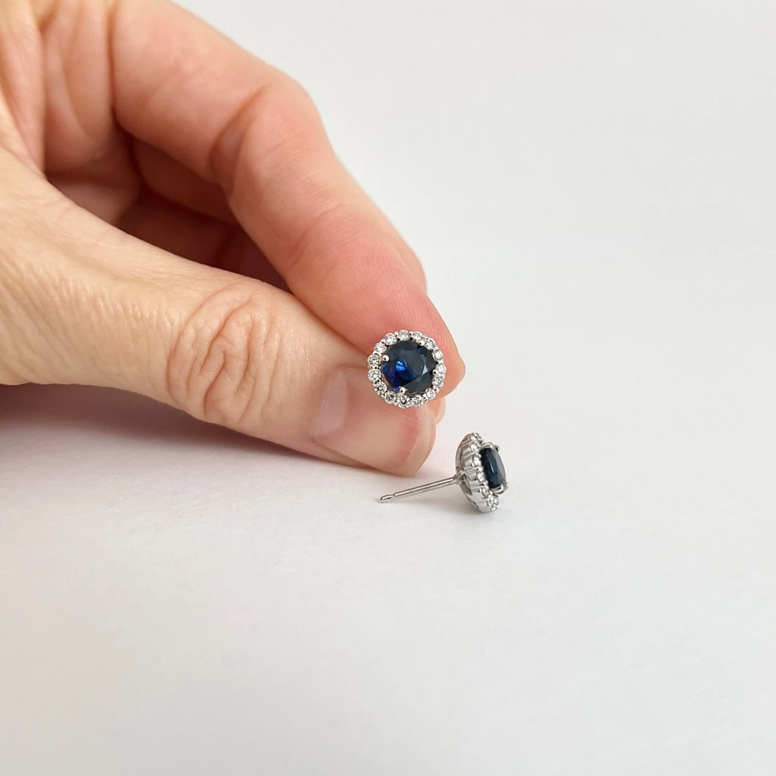 Round Blue Sapphire Diamond Halo Stud Earrings 14K White Gold, 1.97 CTW - 4