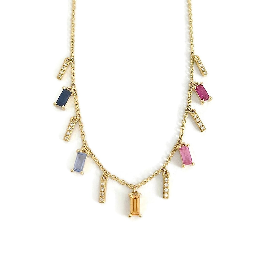 Multicolored Sapphire Diamond Dangle Station Chain Necklace 14K Yellow Gold - 2