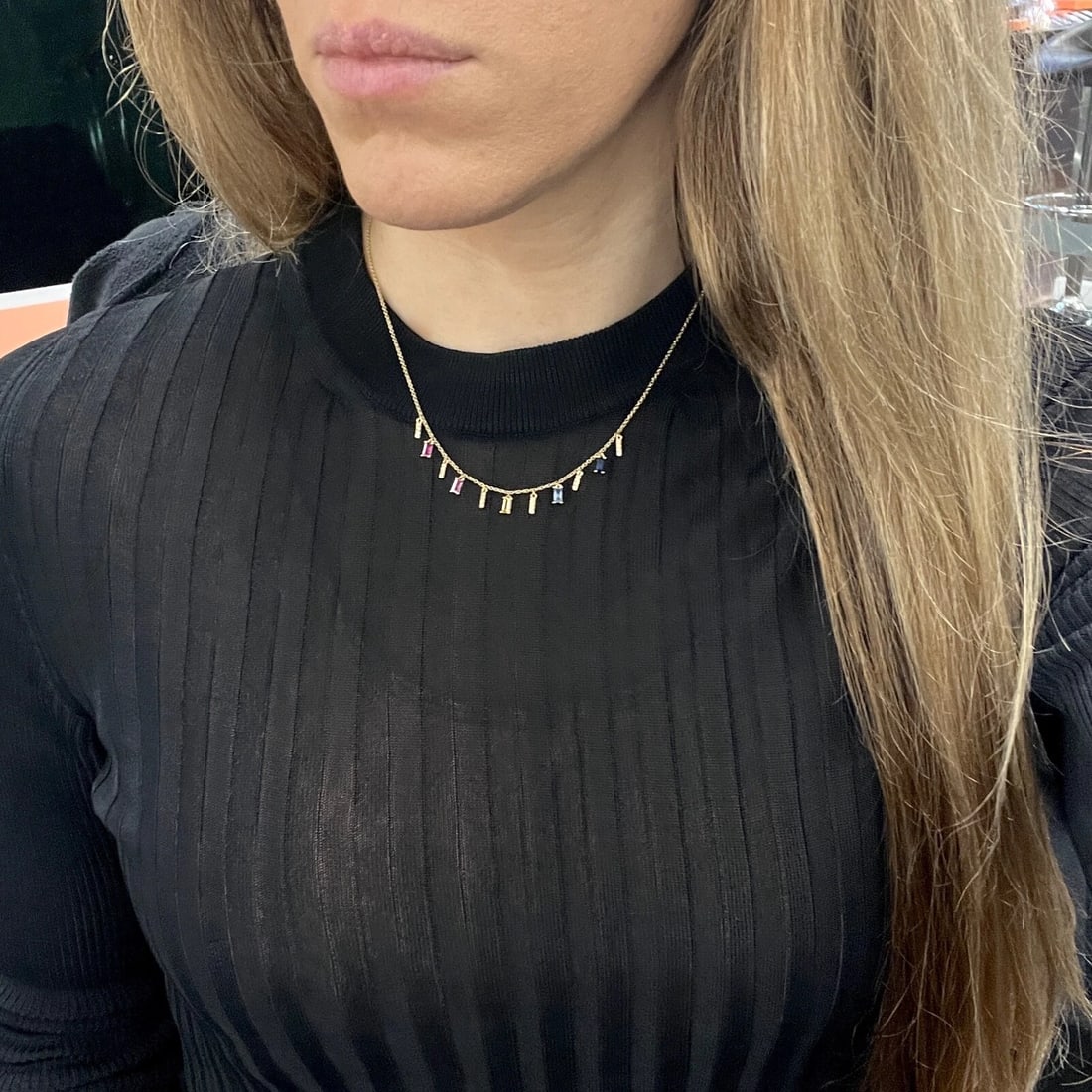 Multicolored Sapphire Diamond Dangle Station Chain Necklace 14K Yellow Gold - 4