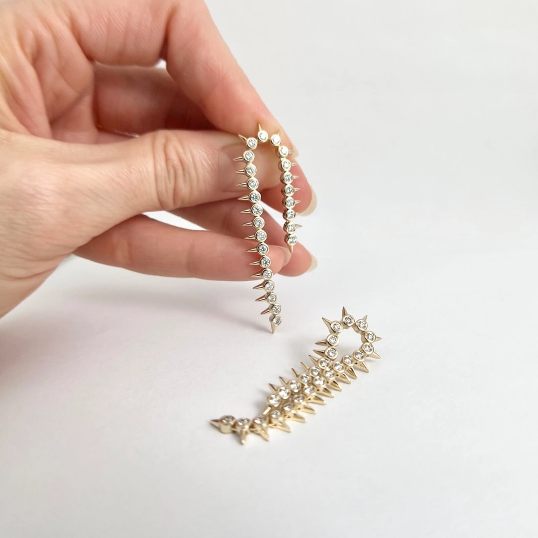 Long Diamond Bezel Spike Chain Dangle Drop Earrings 14K Yellow Gold, 1.09 CTW - 5