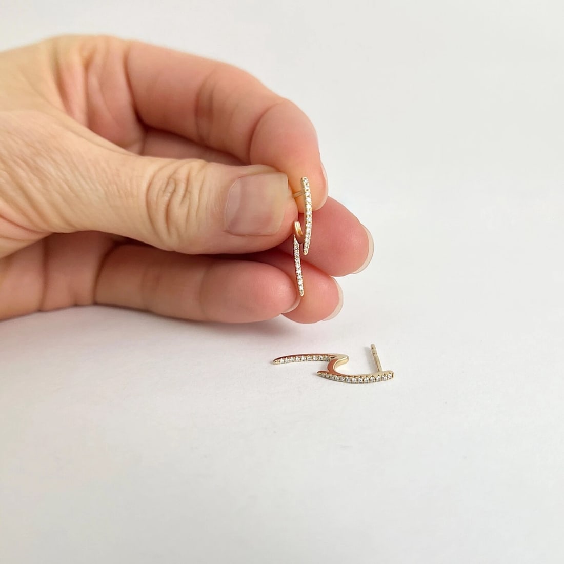 Thin Diamond Huggie Drop Earrings 14K Yellow Gold, 21 mm, .10 CTW - 5