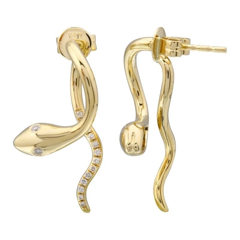 Diamond Eye Snake Front-Back Dangle Drop Earrings 14K Yellow Gold, 1 Inch - 2