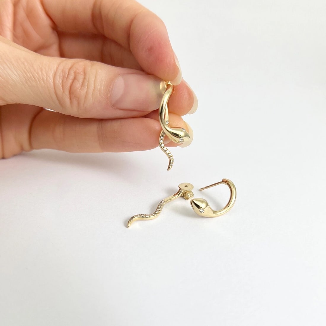 Diamond Eye Snake Front-Back Dangle Drop Earrings 14K Yellow Gold, 1 Inch - 5