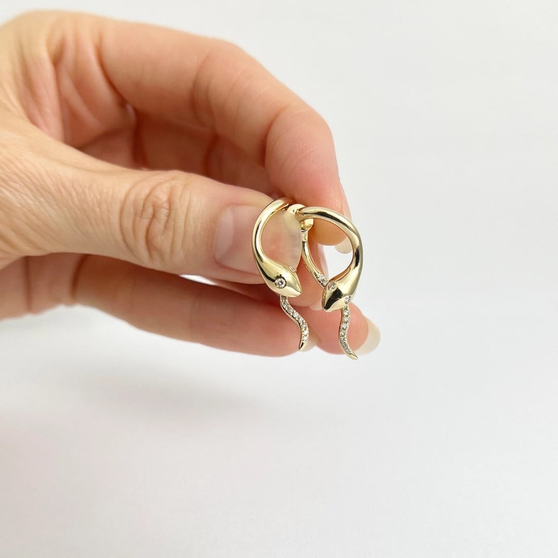 Diamond Eye Snake Front-Back Dangle Drop Earrings 14K Yellow Gold, 1 Inch - 6