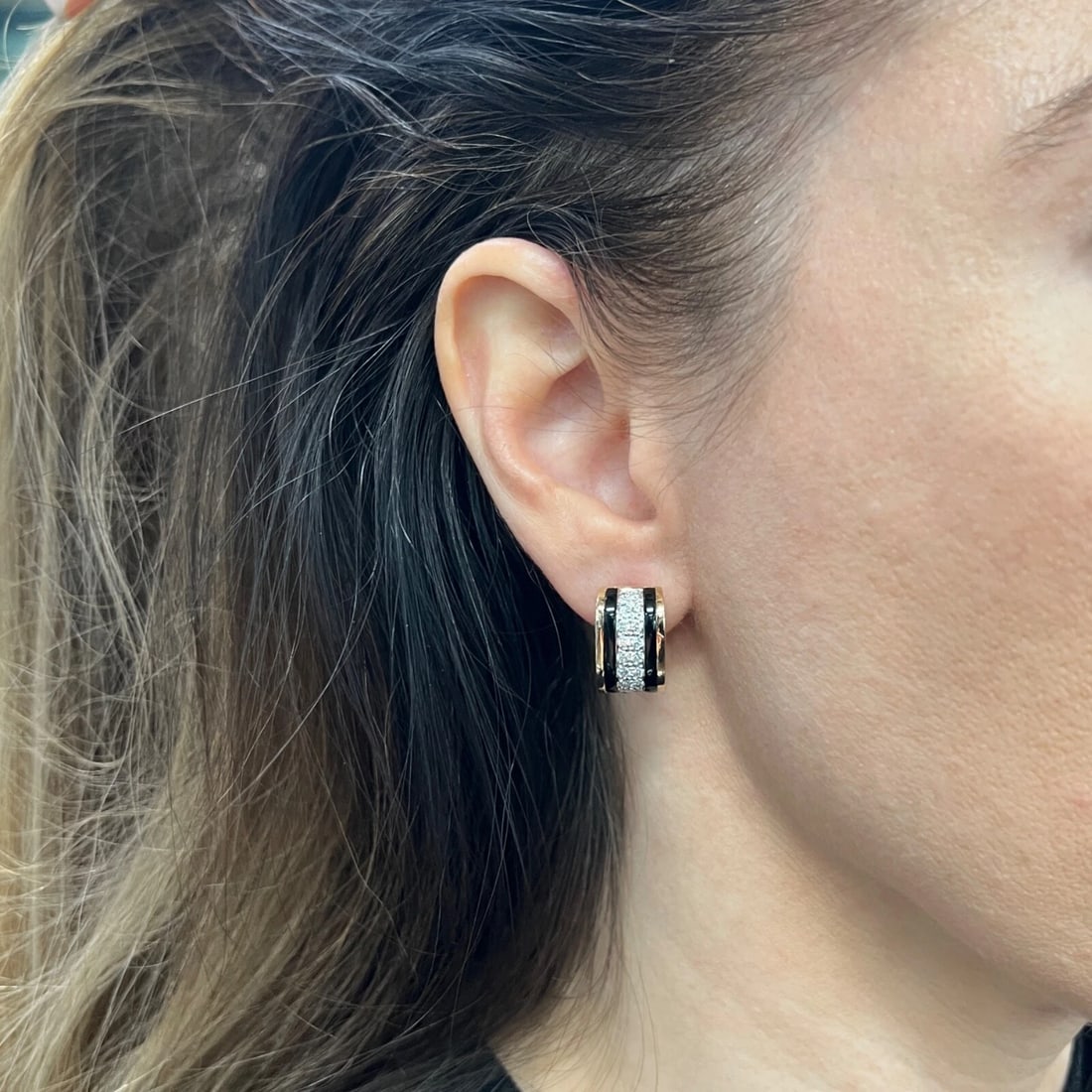 Wide Pave Diamond Black Onyx Huggie Hoop Earrings 18K Yellow Gold, .72 CTW - 4